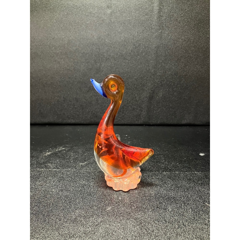 Hand Blown Orange Swan, Glass Goose Paperweight, Pedestal Sculpture,‎ Blue Beak